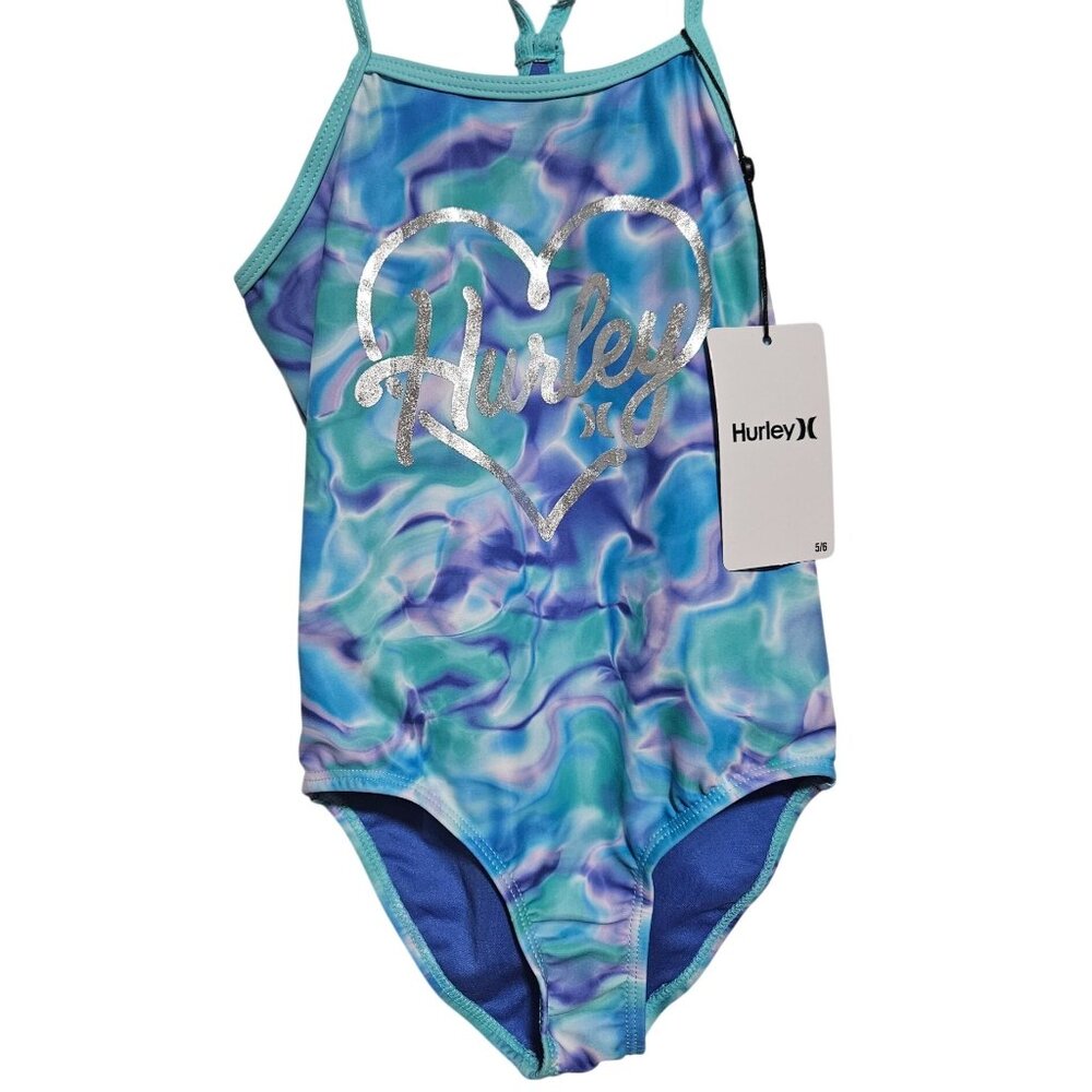 Hurley Youth One Piece Swimsuit Girls Size 5/6 UPF 50+ Aurora Green Watercolor